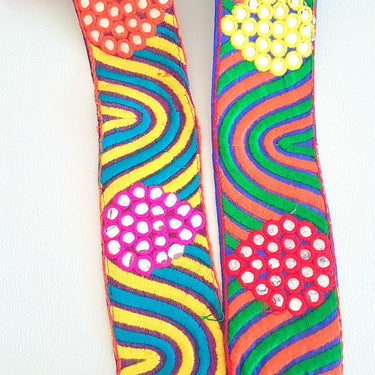 Blue Mirrored Fabric Trim With Orange, Green, Red And Yellow Embroidery With Mirrors